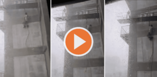 VIDEO: Trabajador queda colgando de una cuerda en lo alto de un edificio en Puebla